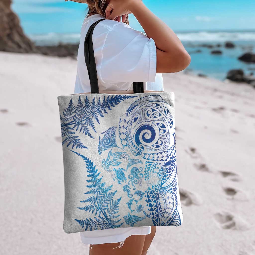New Zealand Sea Animals Tote Bag with Maori Koru Tribal Tattoo and Silver Ferns Galaxy Style