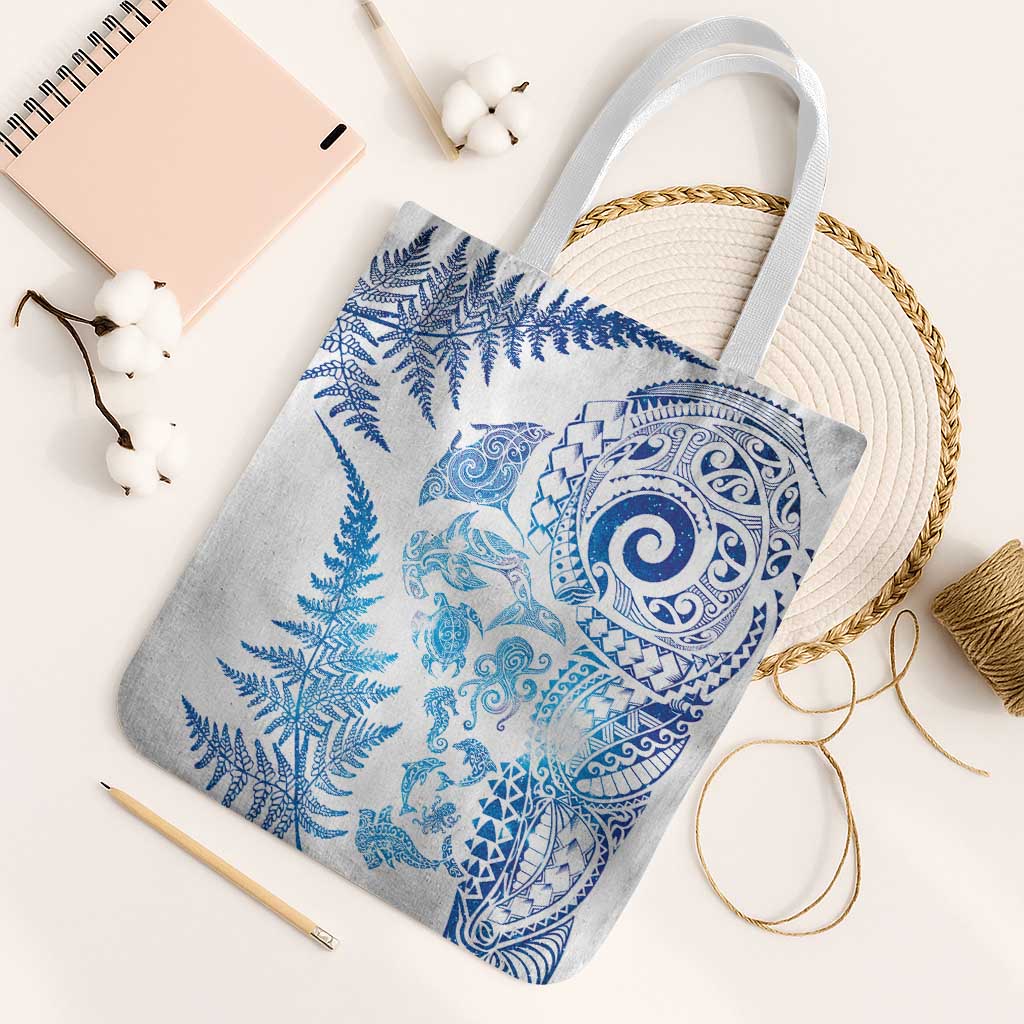 New Zealand Sea Animals Tote Bag with Maori Koru Tribal Tattoo and Silver Ferns Galaxy Style