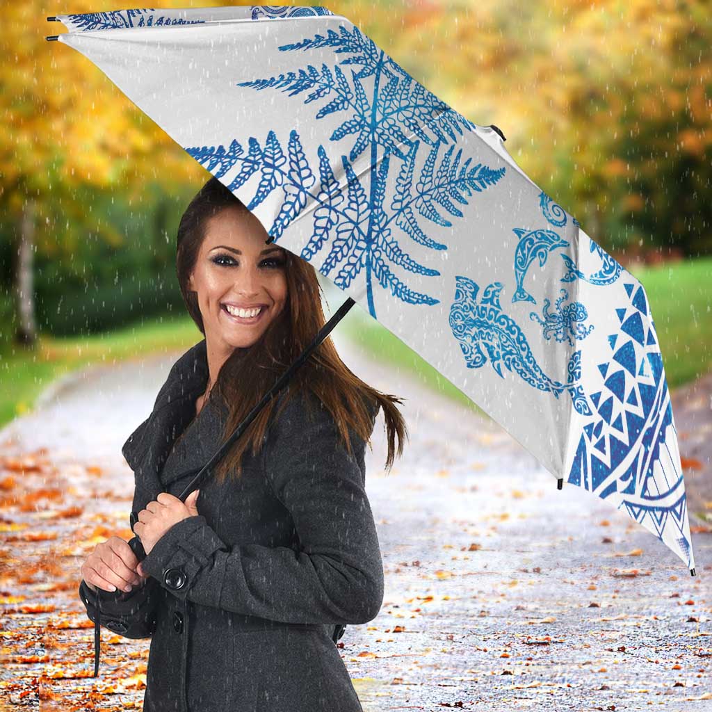 New Zealand Sea Animals Umbrella with Maori Koru Tribal Tattoo and Silver Ferns Galaxy Style LT03 - Polynesian Pride