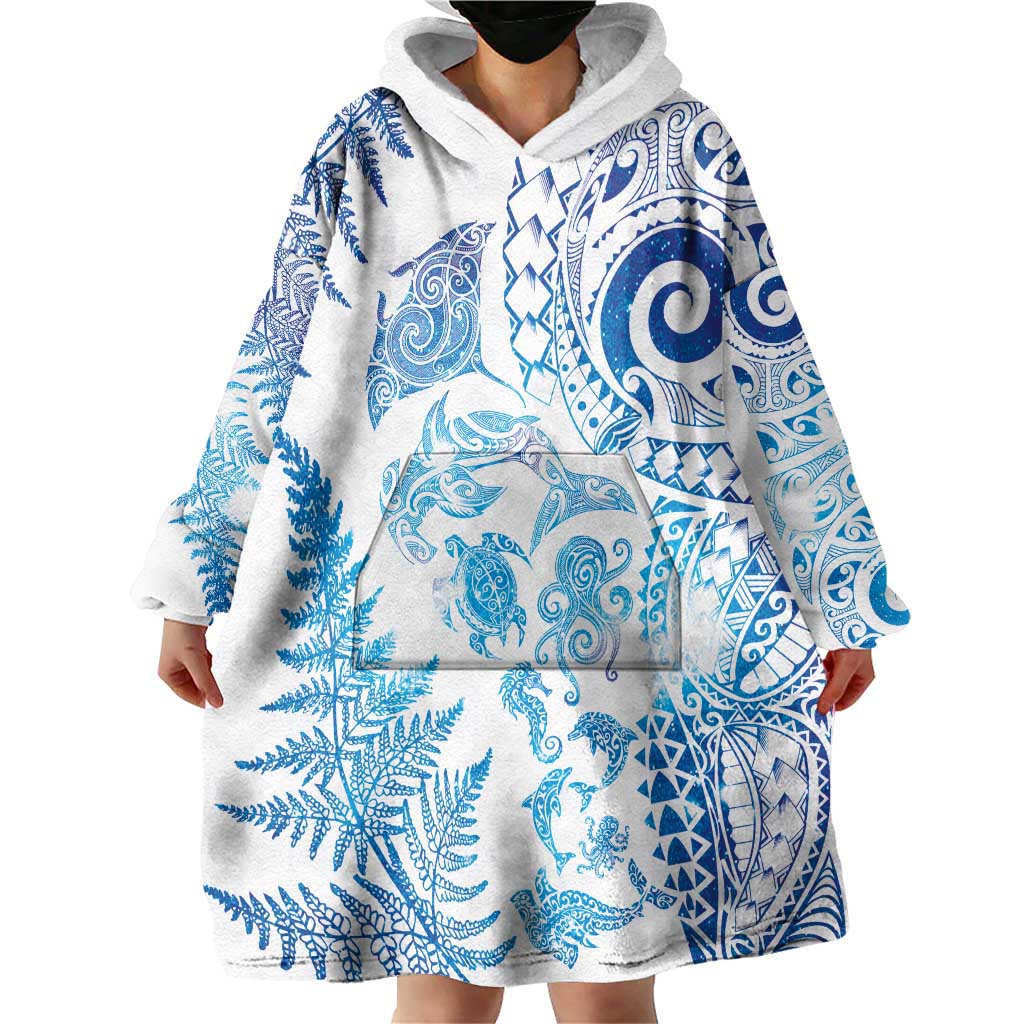 New Zealand Sea Animals Wearable Blanket Hoodie with Maori Koru Tribal Tattoo and Silver Ferns Galaxy Style LT03 - Polynesian Pride