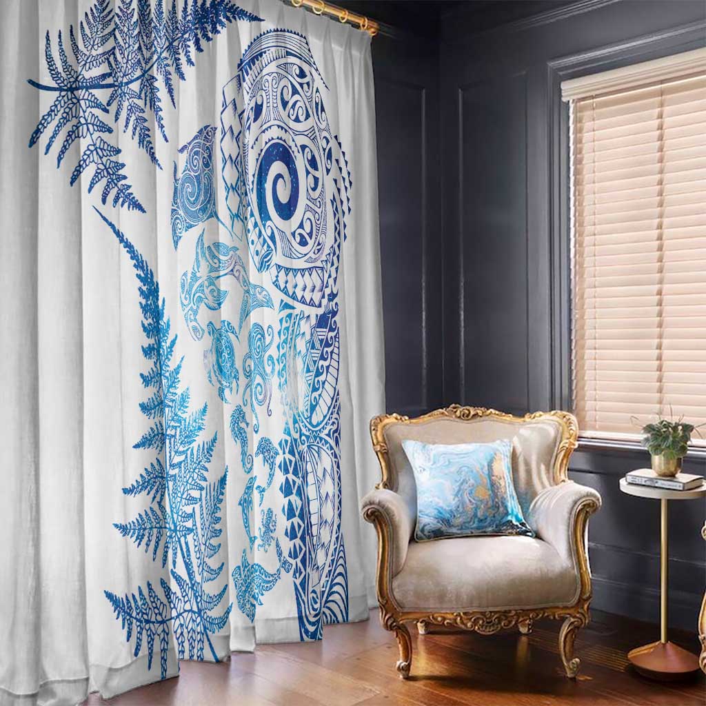 New Zealand Sea Animals Window Curtain with Maori Koru Tribal Tattoo and Silver Ferns Galaxy Style