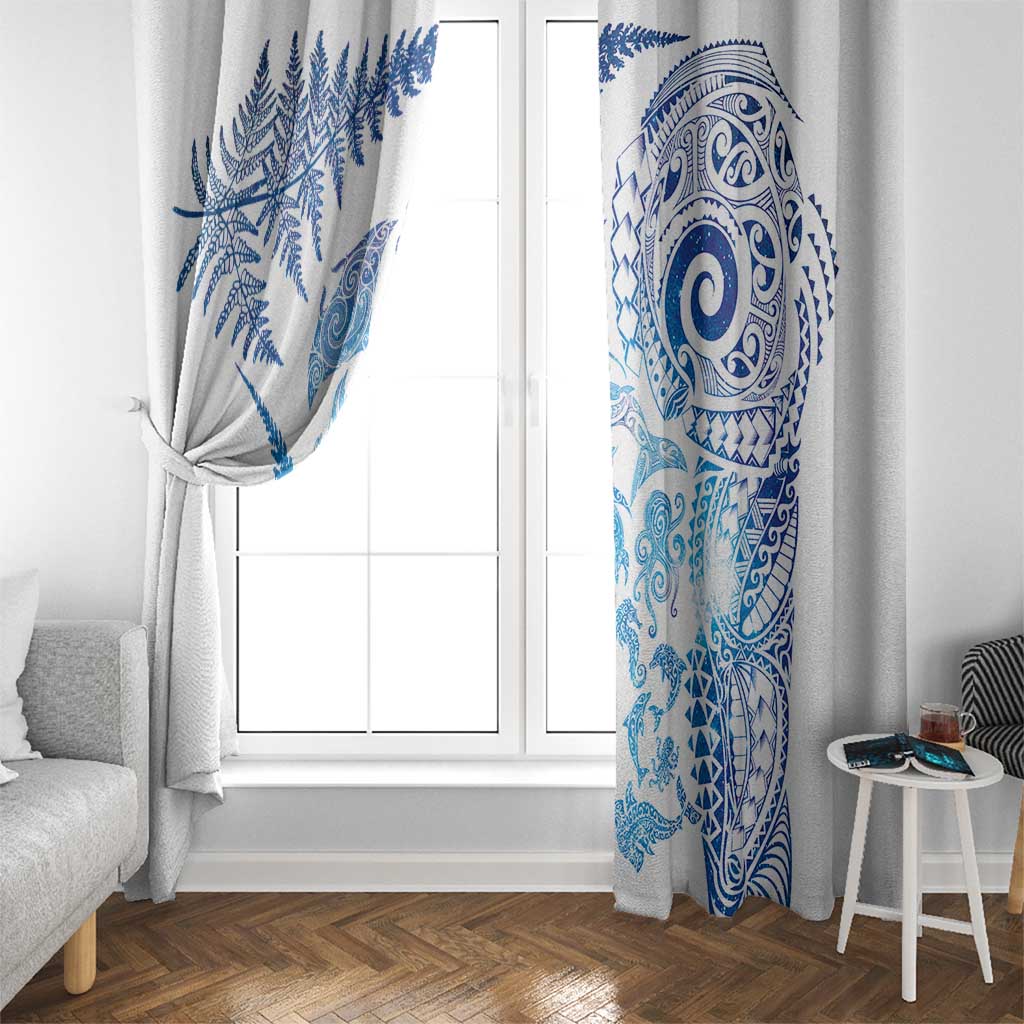 New Zealand Sea Animals Window Curtain with Maori Koru Tribal Tattoo and Silver Ferns Galaxy Style