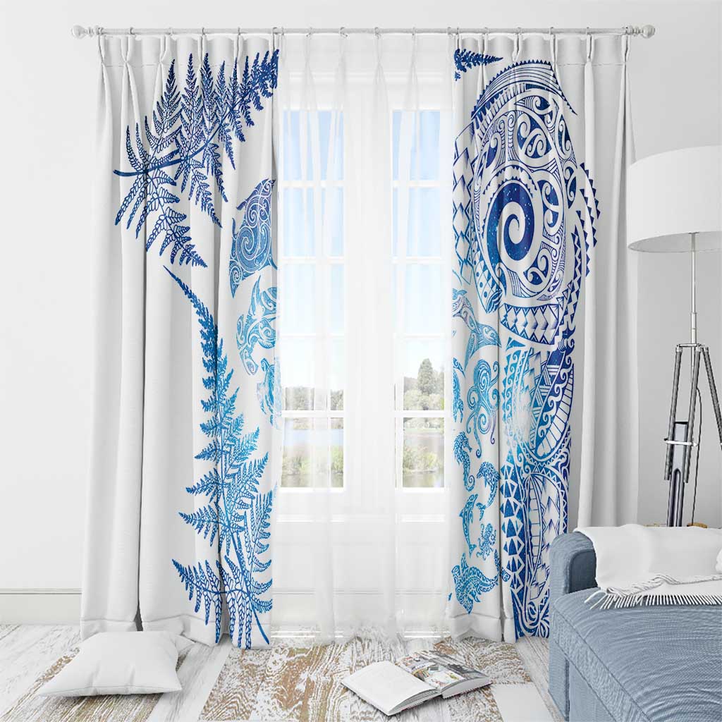 New Zealand Sea Animals Window Curtain with Maori Koru Tribal Tattoo and Silver Ferns Galaxy Style