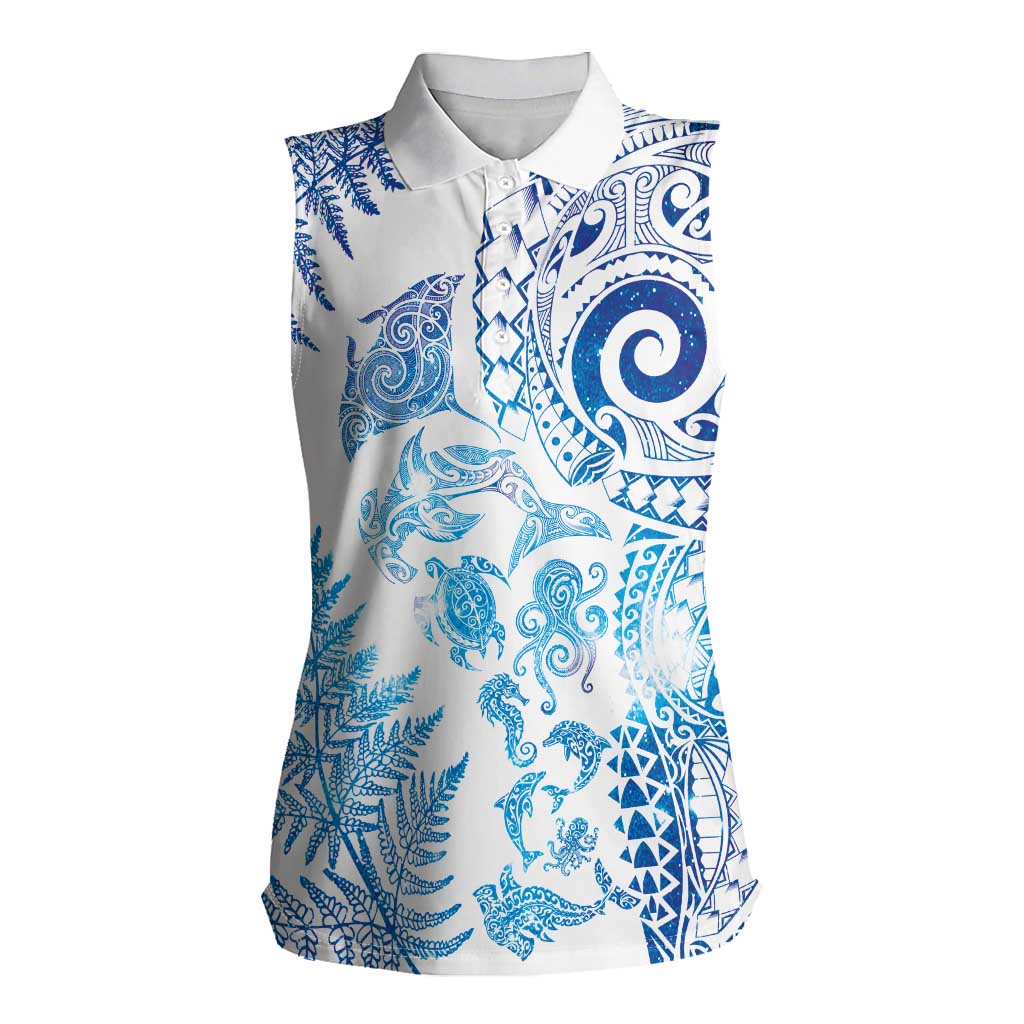 New Zealand Sea Animals Women Sleeveless Polo Shirt with Maori Koru Tribal Tattoo and Silver Ferns Galaxy Style