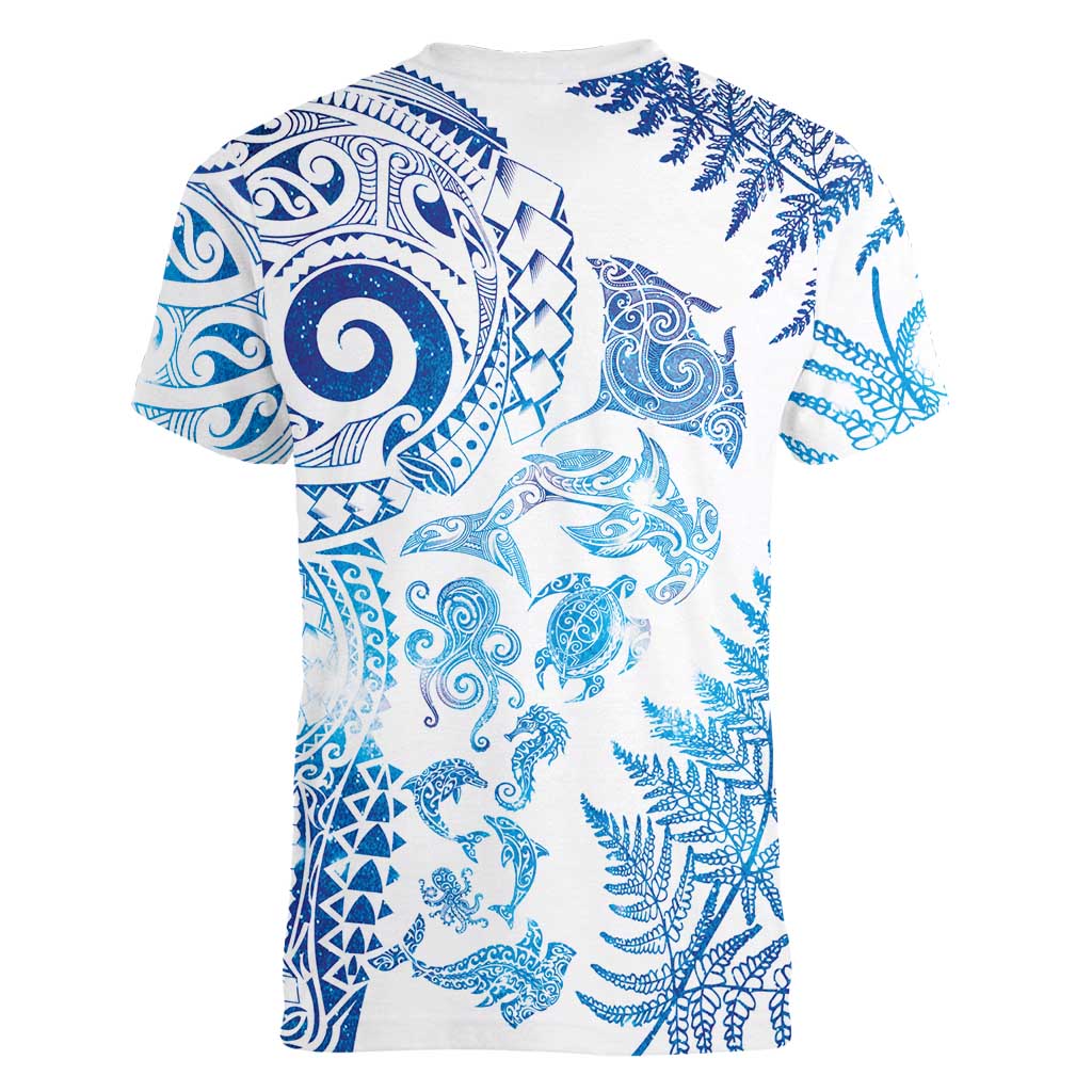 New Zealand Sea Animals Women V-Neck T-Shirt with Maori Koru Tribal Tattoo and Silver Ferns Galaxy Style