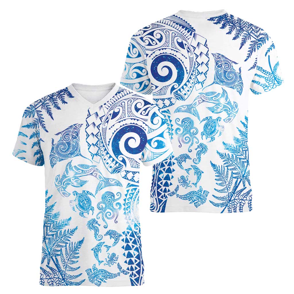 New Zealand Sea Animals Women V-Neck T-Shirt with Maori Koru Tribal Tattoo and Silver Ferns Galaxy Style