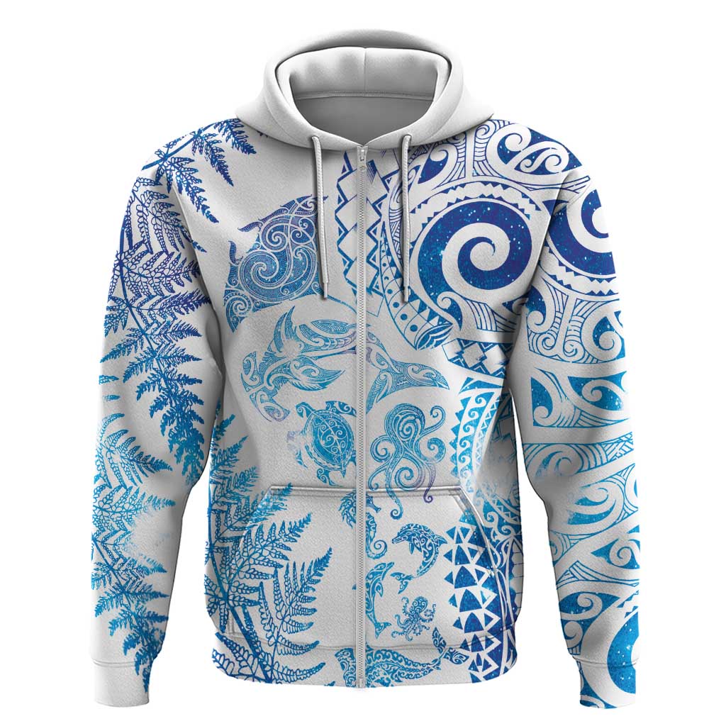 New Zealand Sea Animals Zip Hoodie with Maori Koru Tribal Tattoo and Silver Ferns Galaxy Style
