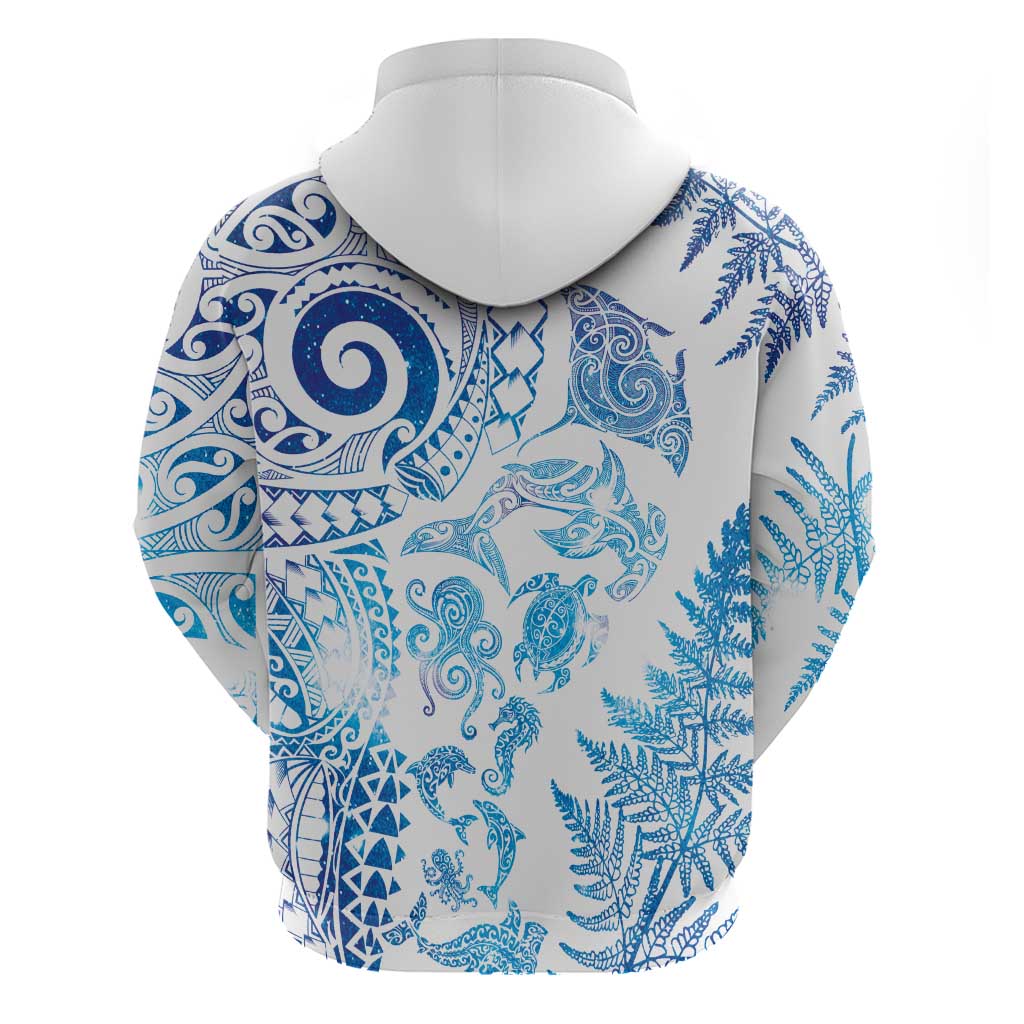 New Zealand Sea Animals Zip Hoodie with Maori Koru Tribal Tattoo and Silver Ferns Galaxy Style