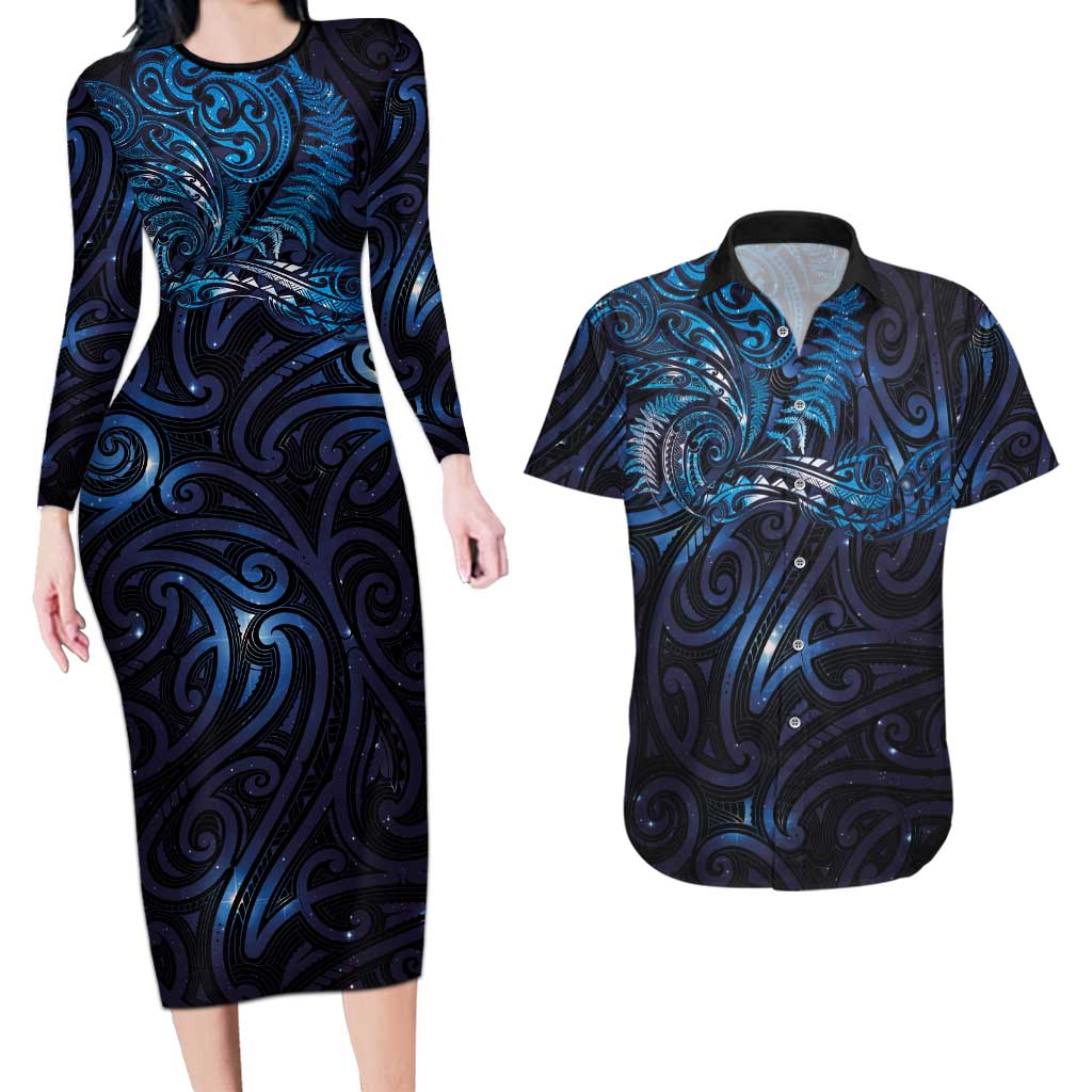 New Zealand New Year-Matariki Couples Matching Long Sleeve Bodycon Dress and Hawaiian Shirt Aotearoa Maori Tattoo Galaxy Sky LT03 Multicolor - Polynesian Pride
