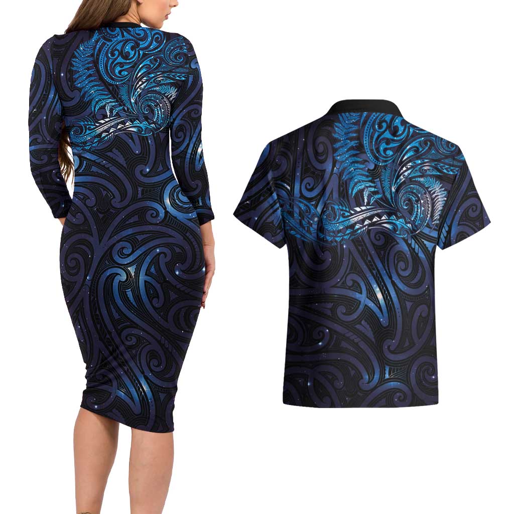 New Zealand New Year-Matariki Couples Matching Long Sleeve Bodycon Dress and Hawaiian Shirt Aotearoa Maori Tattoo Galaxy Sky LT03 - Polynesian Pride