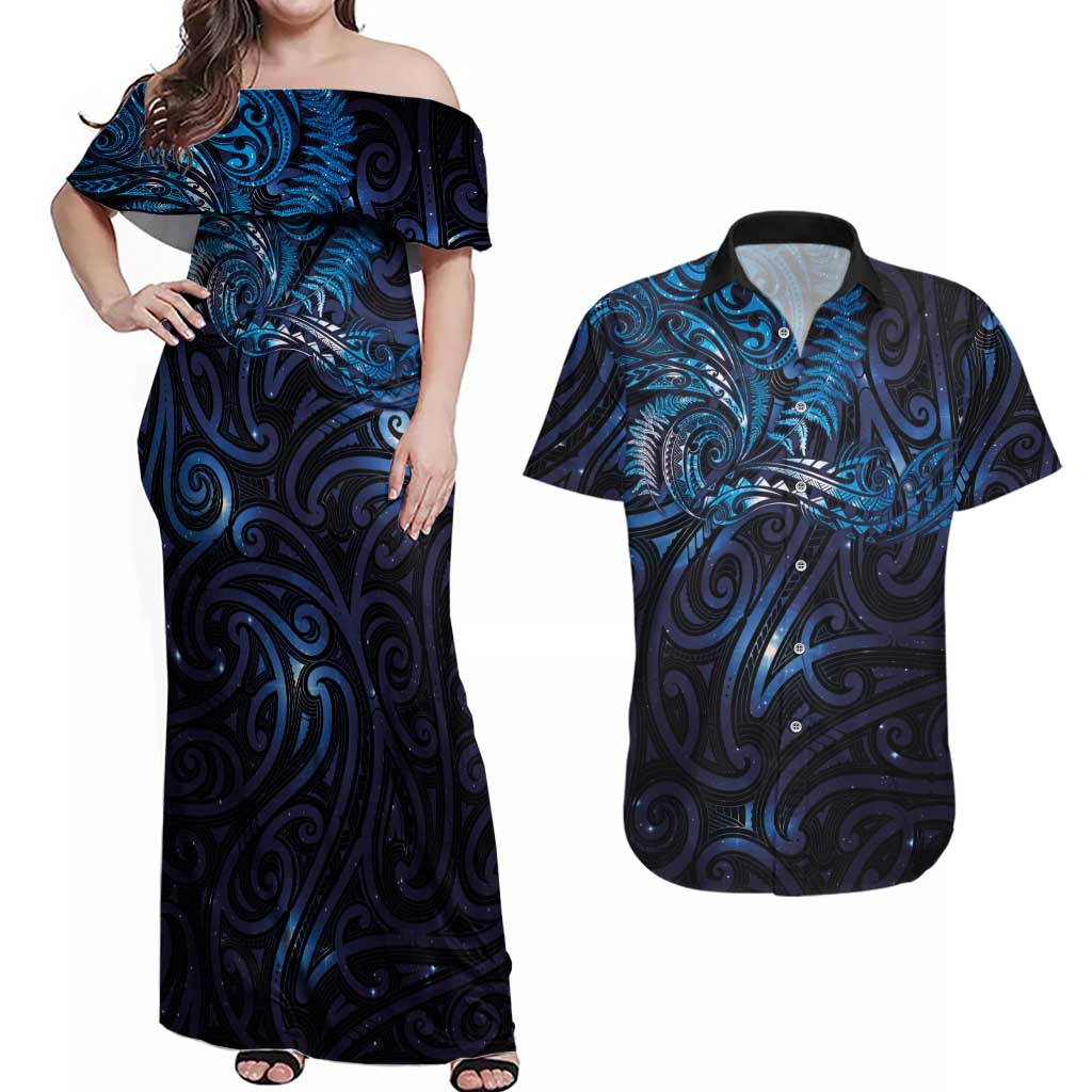 New Zealand New Year-Matariki Couples Matching Off Shoulder Maxi Dress and Hawaiian Shirt Aotearoa Maori Tattoo Galaxy Sky