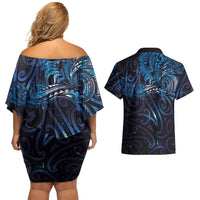 New Zealand New Year-Matariki Couples Matching Off Shoulder Short Dress and Hawaiian Shirt Aotearoa Maori Tattoo Galaxy Sky