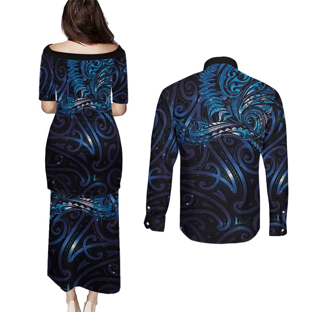 New Zealand New Year-Matariki Couples Matching Puletasi and Long Sleeve Button Shirt Aotearoa Maori Tattoo Galaxy Sky