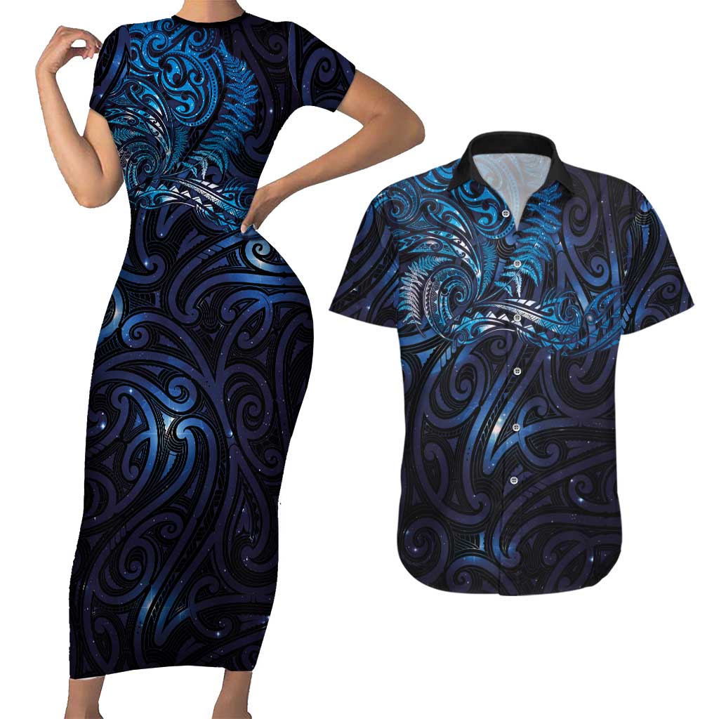 New Zealand New Year-Matariki Couples Matching Short Sleeve Bodycon Dress and Hawaiian Shirt Aotearoa Maori Tattoo Galaxy Sky