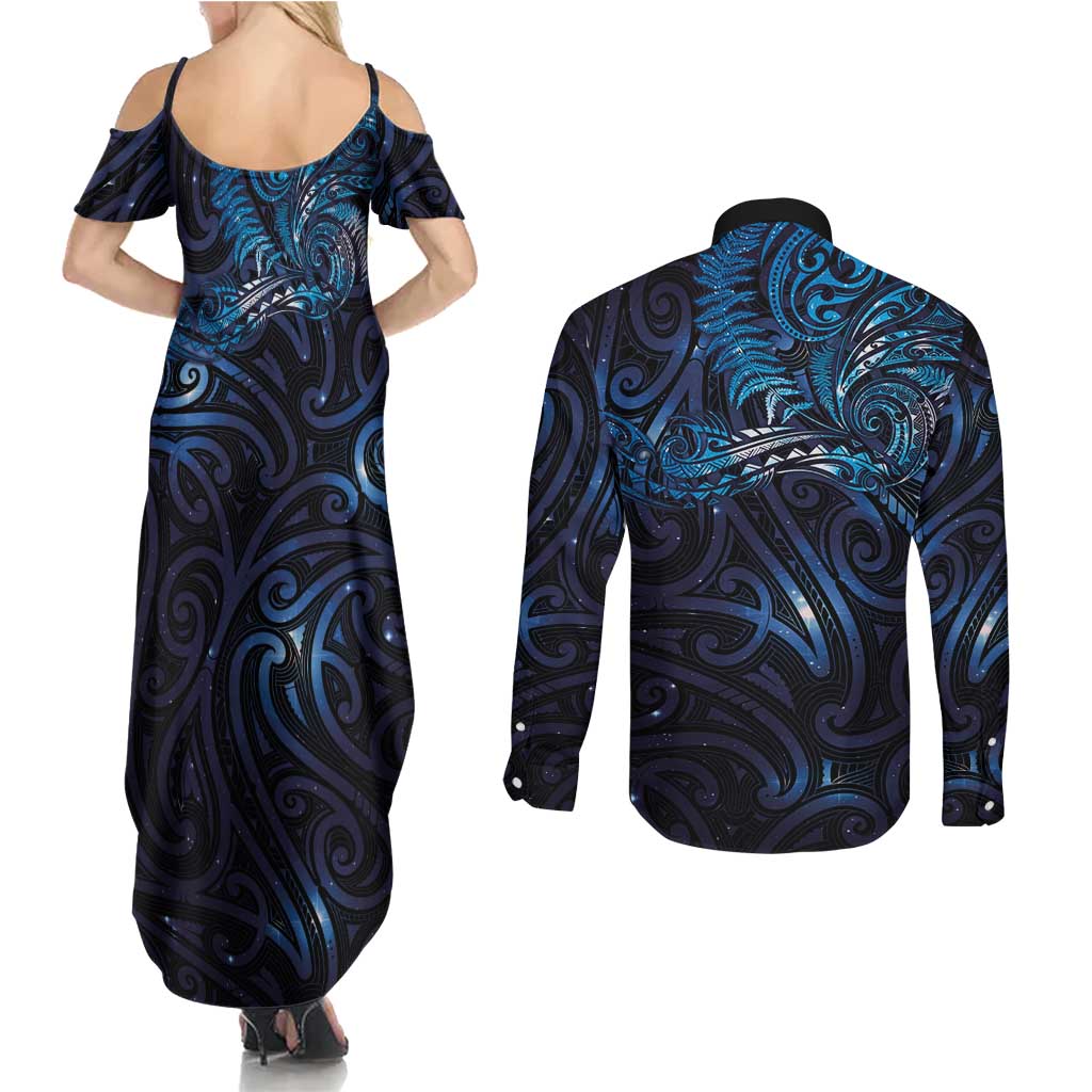 New Zealand New Year-Matariki Couples Matching Summer Maxi Dress and Long Sleeve Button Shirt Aotearoa Maori Tattoo Galaxy Sky