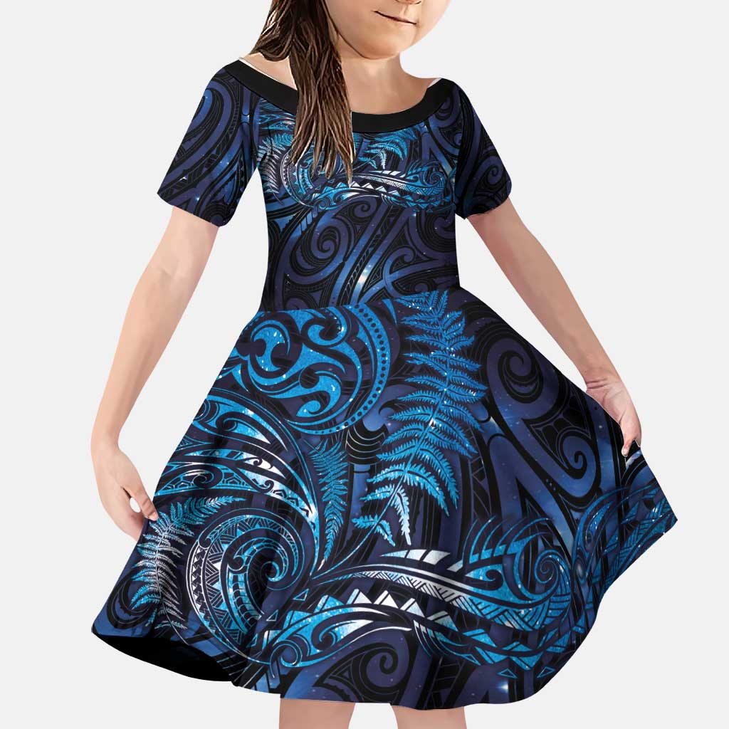 New Zealand New Year-Matariki Family Matching Mermaid Dress and Hawaiian Shirt Aotearoa Maori Tattoo Galaxy Sky LT03 Daughter's Dress Multicolor - Polynesian Pride