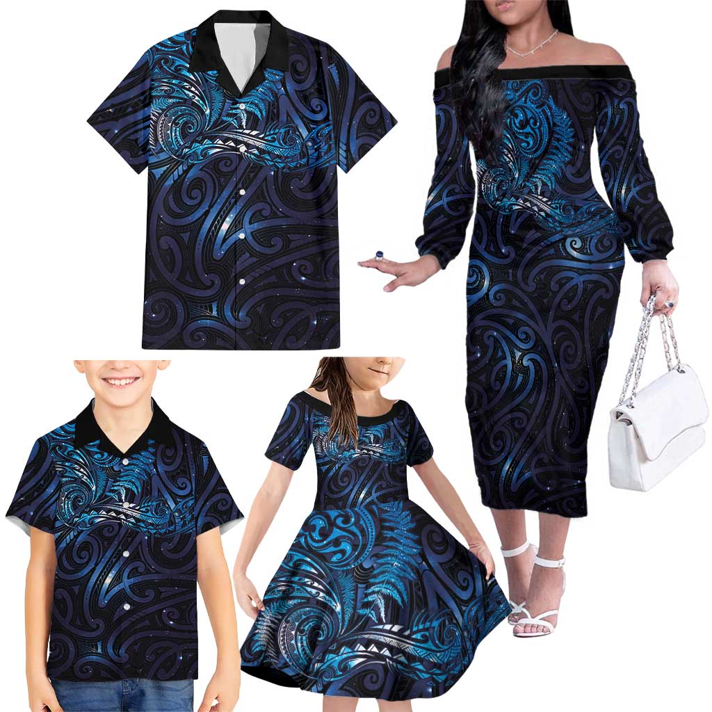 New Zealand New Year-Matariki Family Matching Off The Shoulder Long Sleeve Dress and Hawaiian Shirt Aotearoa Maori Tattoo Galaxy Sky