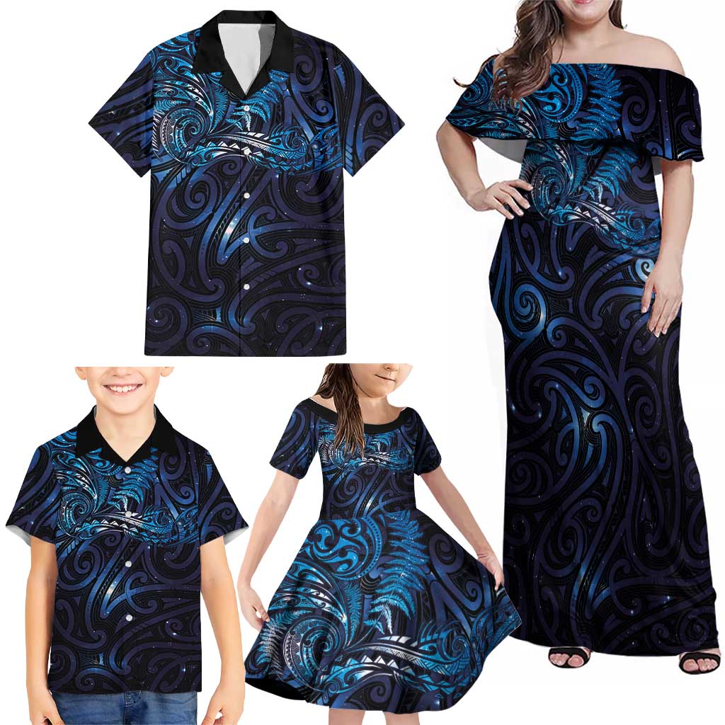 New Zealand New Year-Matariki Family Matching Off Shoulder Maxi Dress and Hawaiian Shirt Aotearoa Maori Tattoo Galaxy Sky