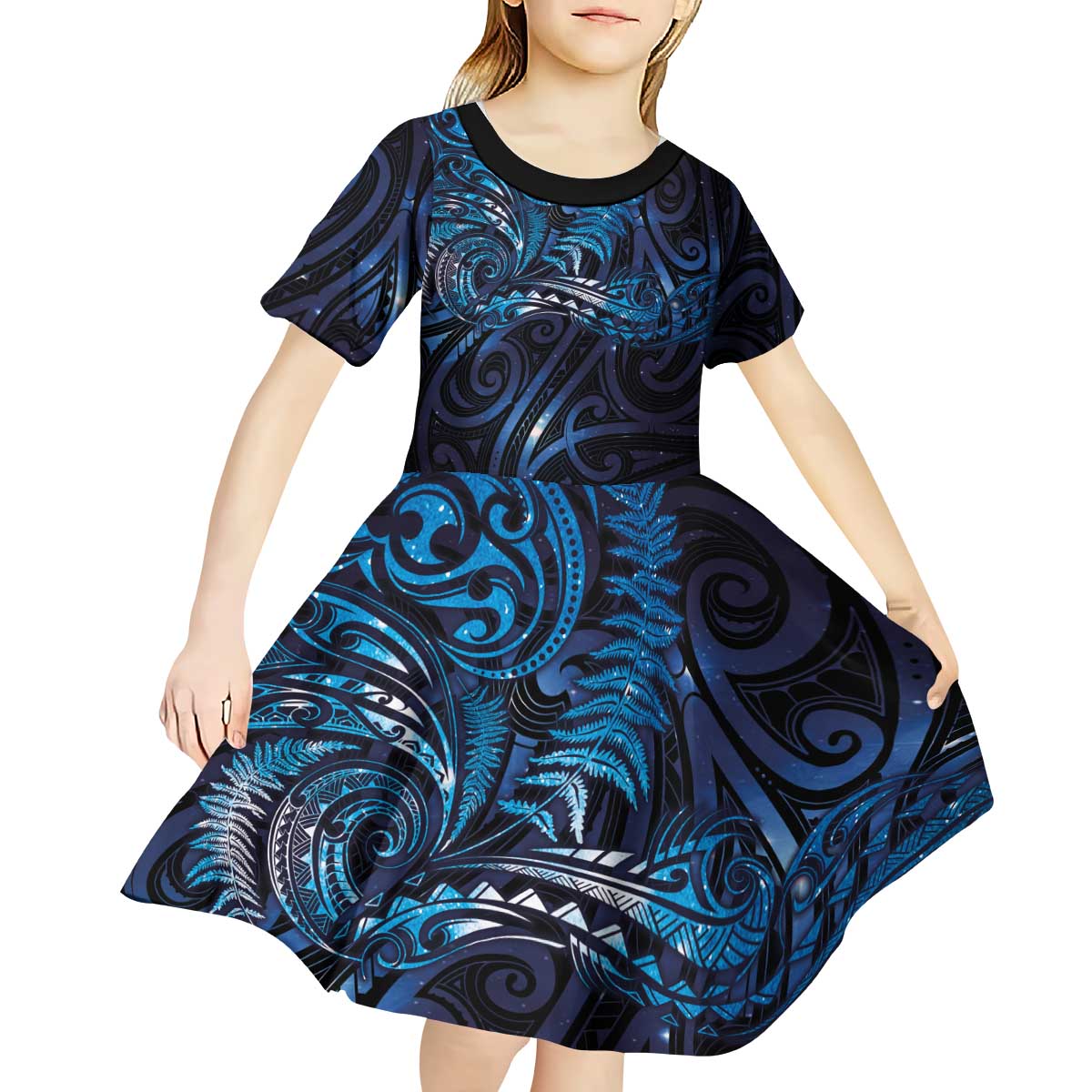 New Zealand New Year-Matariki Kid Short Sleeve Dress Aotearoa Maori Tattoo Galaxy Sky