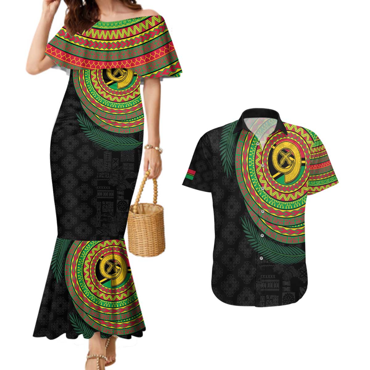 Vanuatu Tribal Tattoo with Namele Leaves Couples Matching Mermaid Dress and Hawaiian Shirt