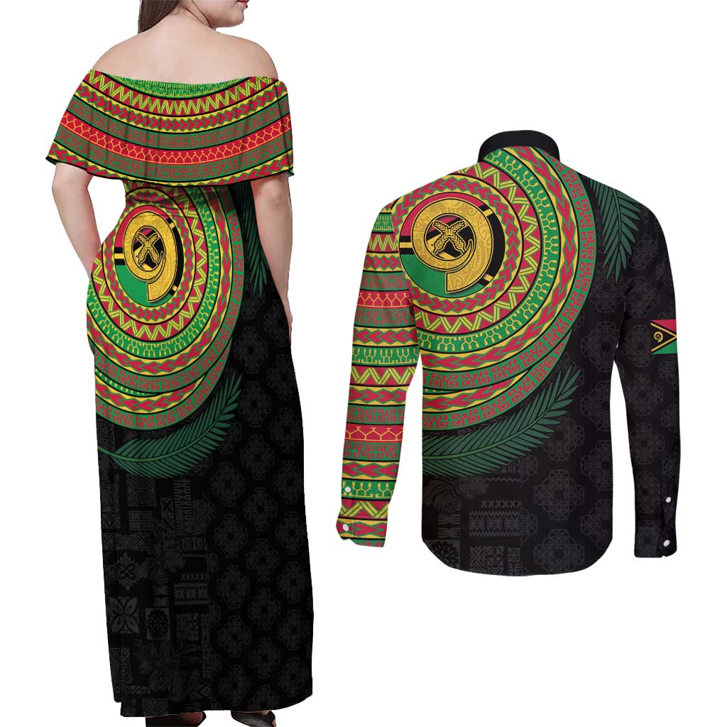 Vanuatu Tribal Tattoo with Namele Leaves Couples Matching Off Shoulder Maxi Dress and Long Sleeve Button Shirt