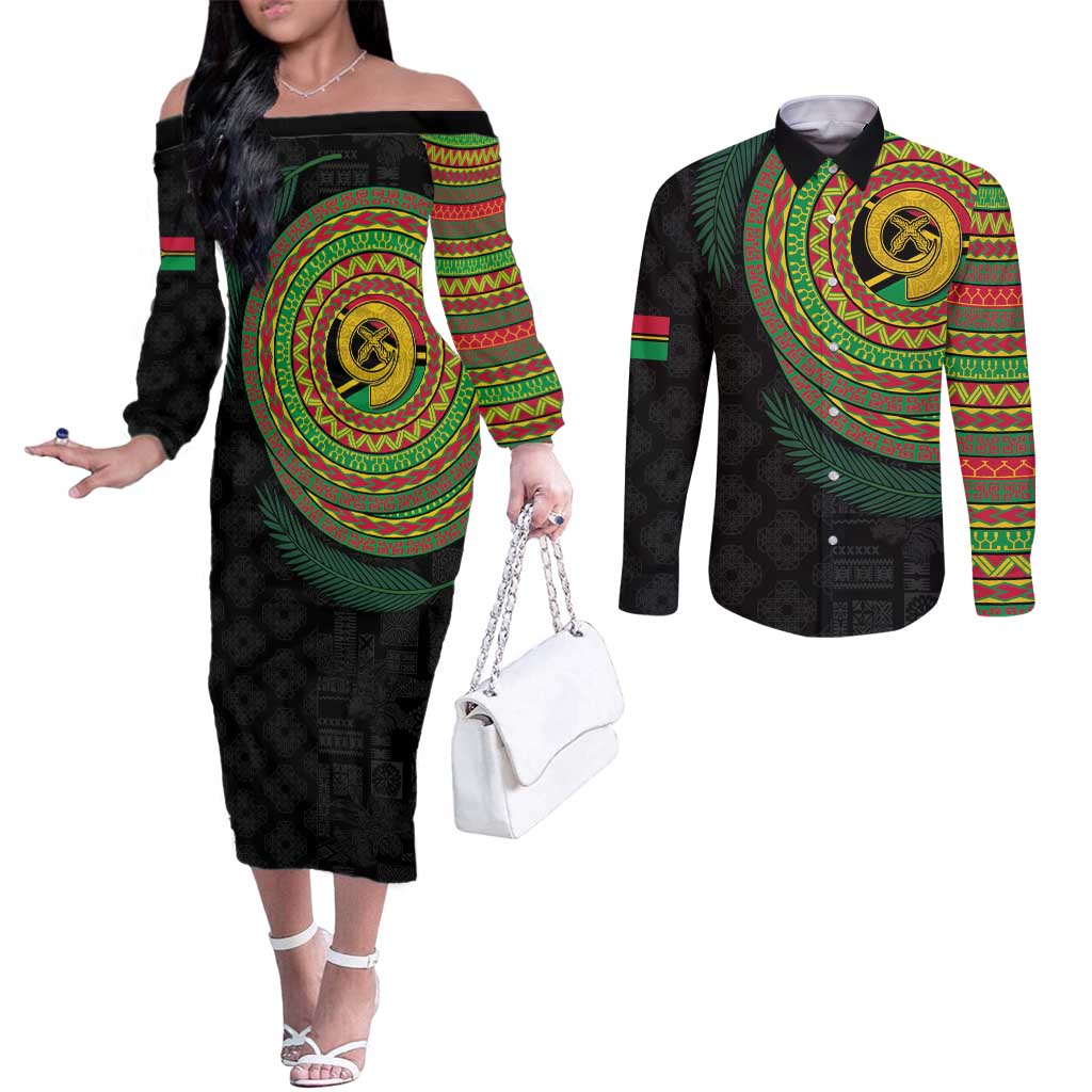 Vanuatu Tribal Tattoo with Namele Leaves Couples Matching Off The Shoulder Long Sleeve Dress and Long Sleeve Button Shirt