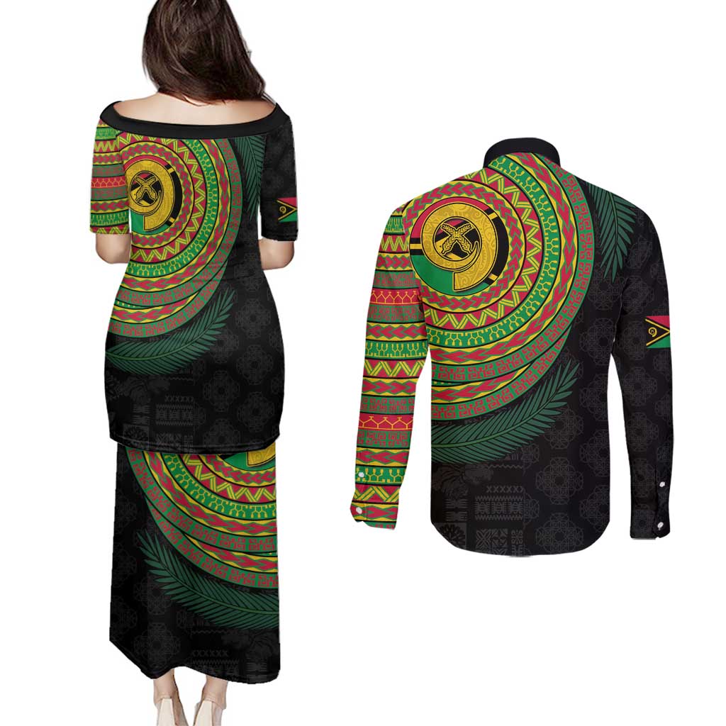 Vanuatu Tribal Tattoo with Namele Leaves Couples Matching Puletasi and Long Sleeve Button Shirt