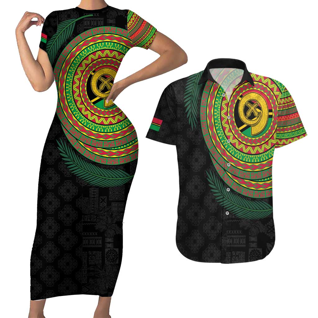 Vanuatu Tribal Tattoo with Namele Leaves Couples Matching Short Sleeve Bodycon Dress and Hawaiian Shirt