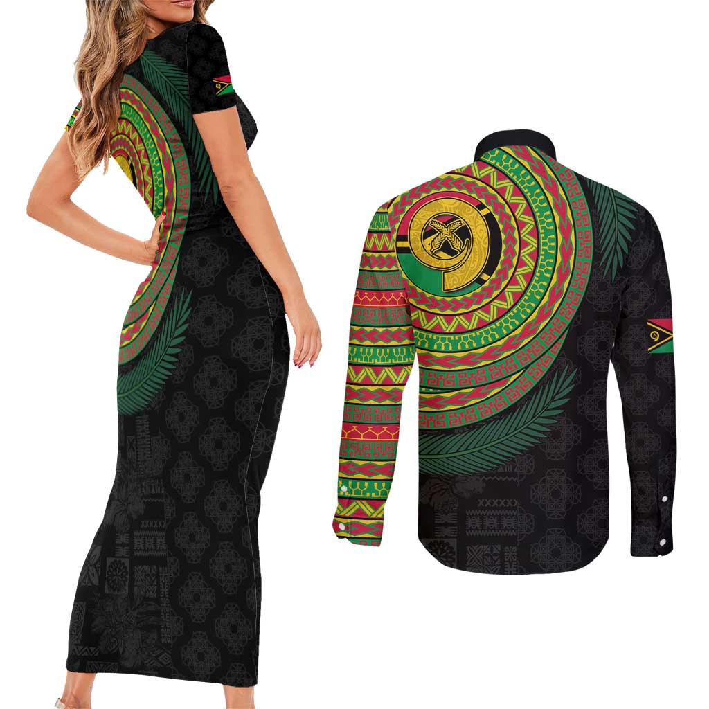 Vanuatu Tribal Tattoo with Namele Leaves Couples Matching Short Sleeve Bodycon Dress and Long Sleeve Button Shirt