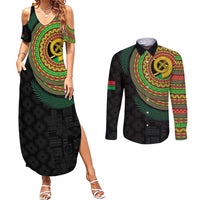 Vanuatu Tribal Tattoo with Namele Leaves Couples Matching Summer Maxi Dress and Long Sleeve Button Shirt