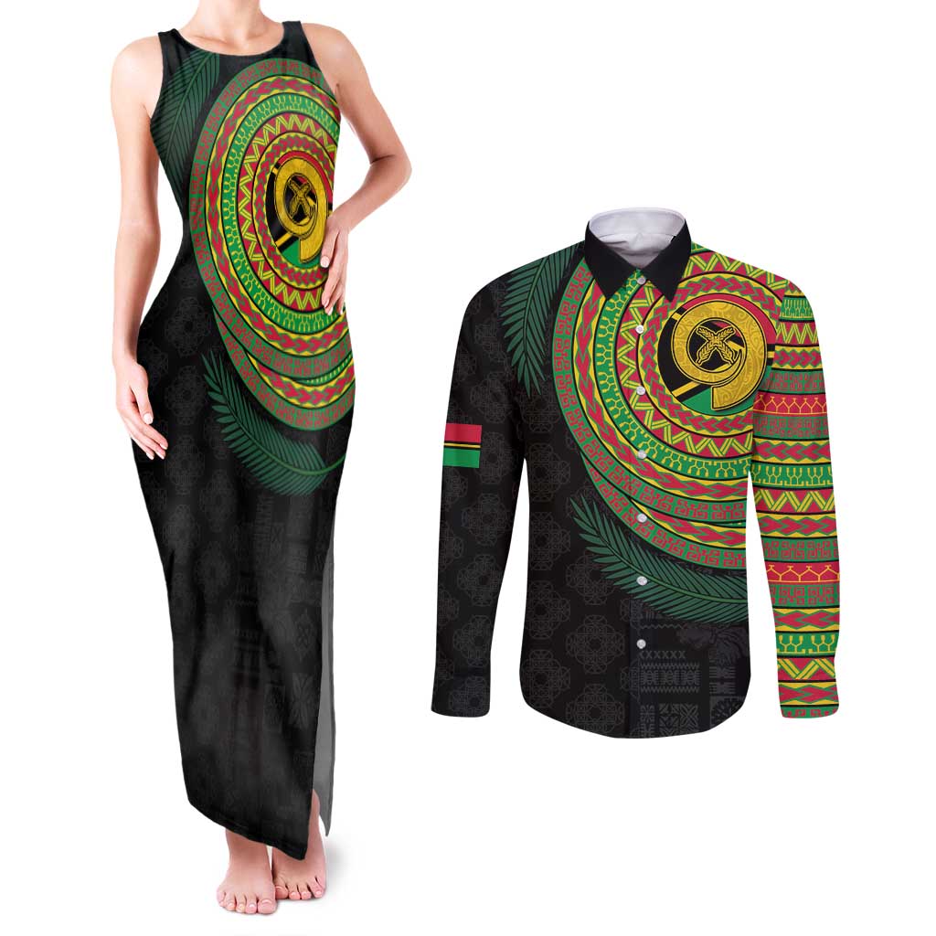 Vanuatu Tribal Tattoo with Namele Leaves Couples Matching Tank Maxi Dress and Long Sleeve Button Shirt
