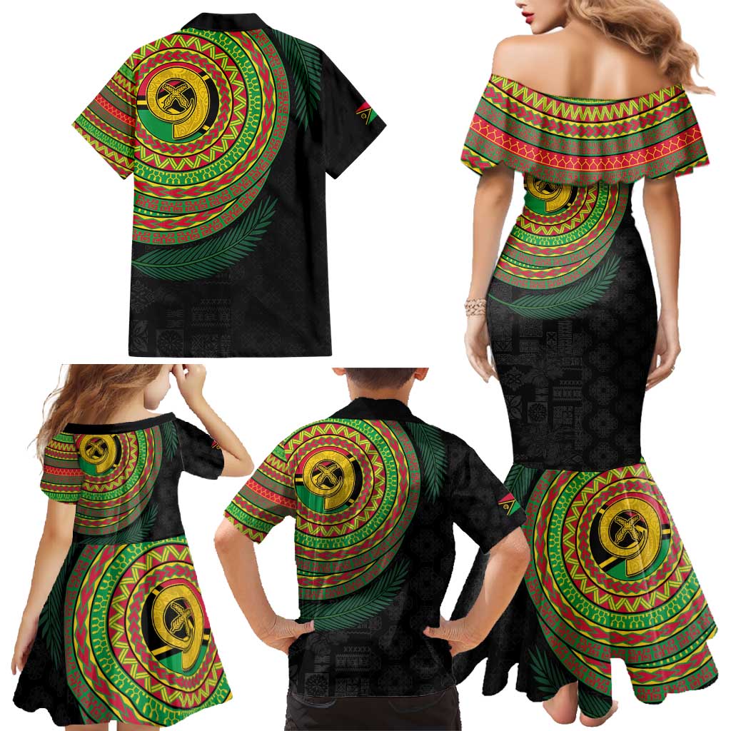 Vanuatu Tribal Tattoo with Namele Leaves Family Matching Mermaid Dress and Hawaiian Shirt