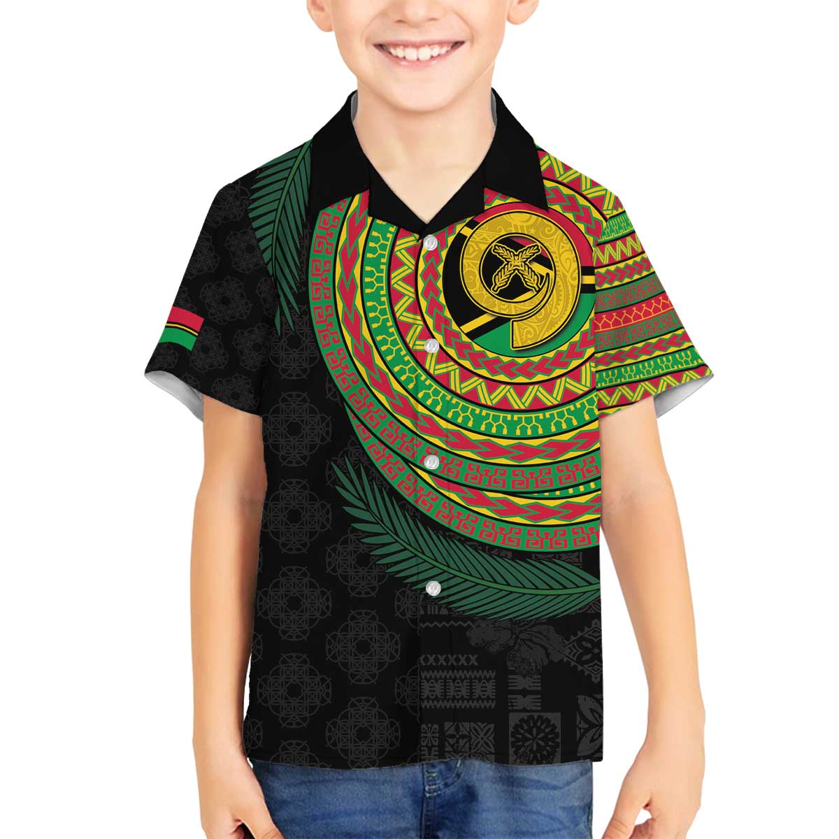 Vanuatu Tribal Tattoo with Namele Leaves Family Matching Off The Shoulder Long Sleeve Dress and Hawaiian Shirt