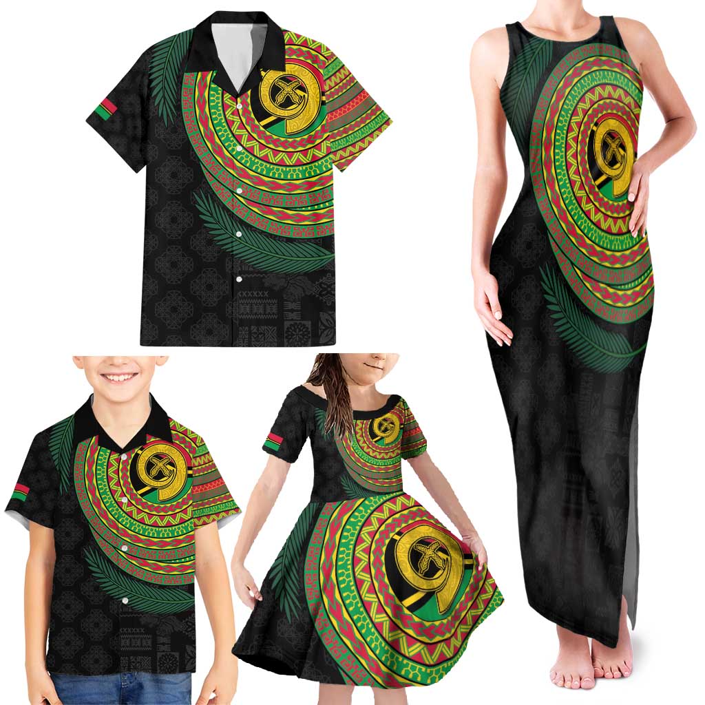 Vanuatu Tribal Tattoo with Namele Leaves Family Matching Tank Maxi Dress and Hawaiian Shirt