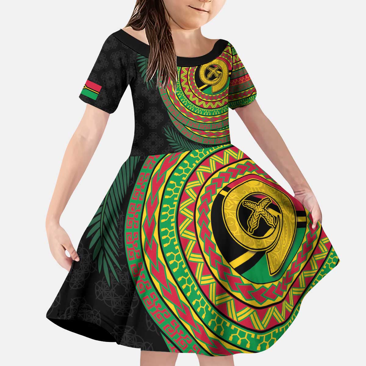 Vanuatu Tribal Tattoo with Namele Leaves Kid Short Sleeve Dress