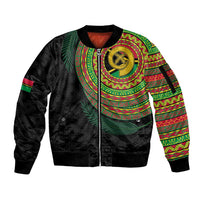 Vanuatu Tribal Tattoo with Namele Leaves Sleeve Zip Bomber Jacket