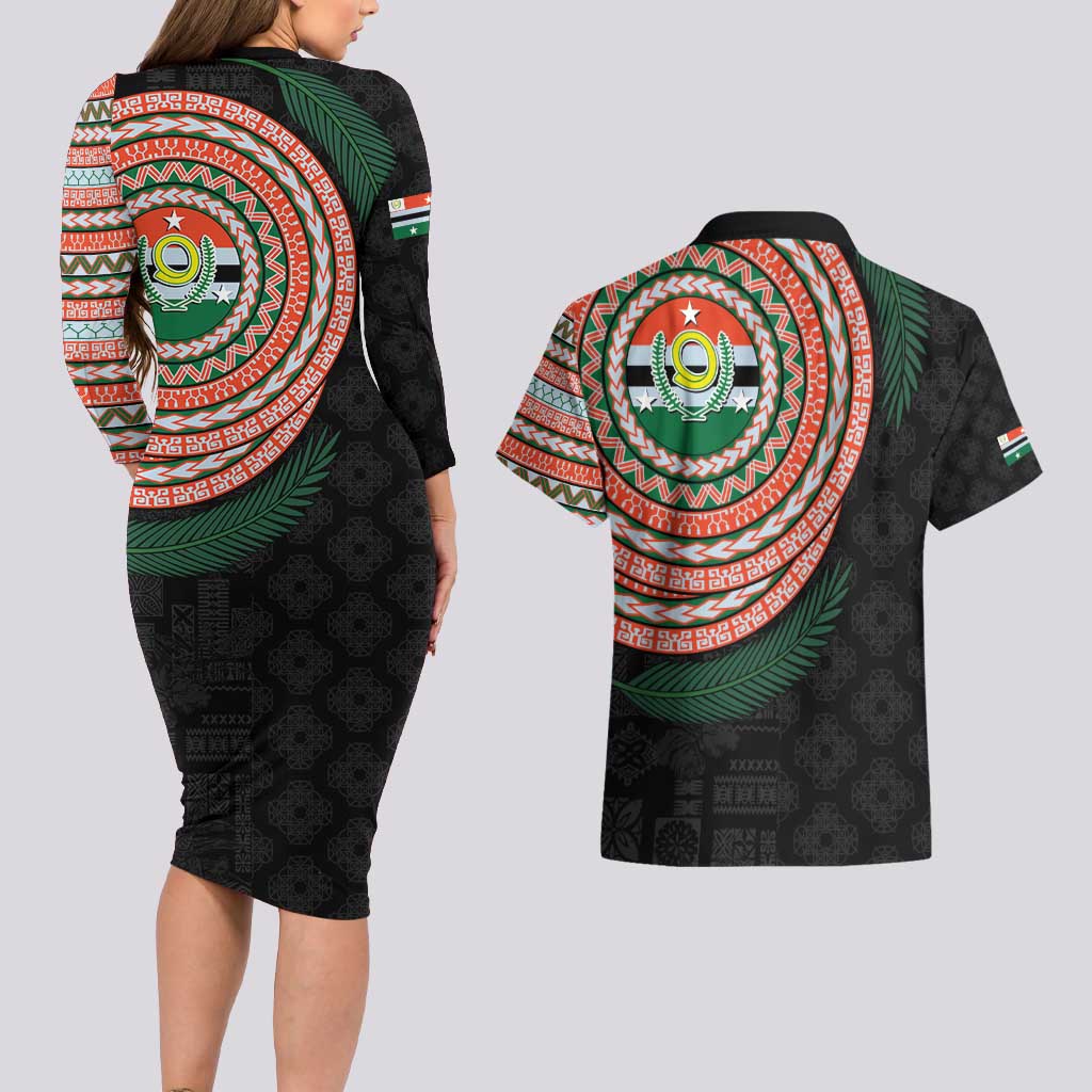 Penama Tribal Tattoo with Namele Leaves Couples Matching Long Sleeve Bodycon Dress and Hawaiian Shirt