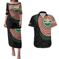 Penama Tribal Tattoo with Namele Leaves Couples Matching Puletasi and Hawaiian Shirt LT03 Black - Polynesian Pride