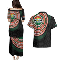 Penama Tribal Tattoo with Namele Leaves Couples Matching Puletasi and Hawaiian Shirt LT03 - Polynesian Pride