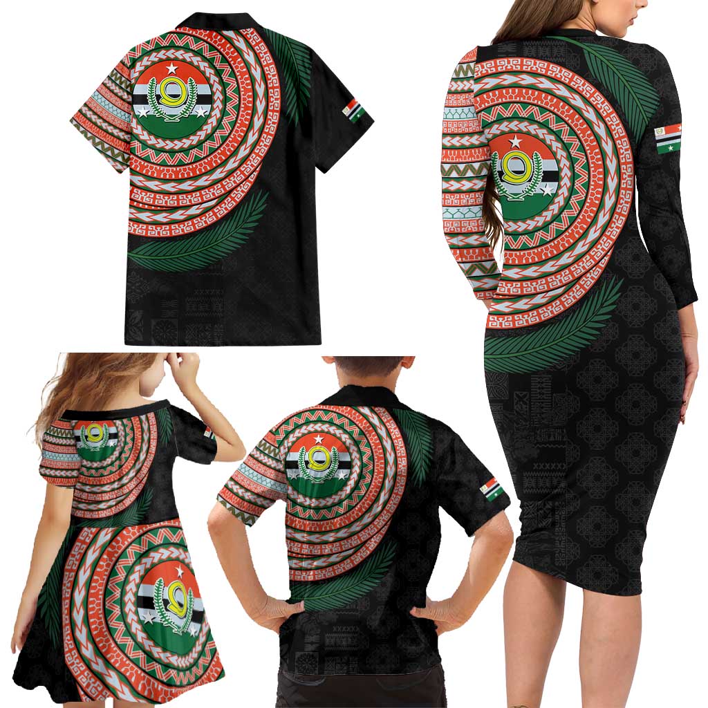 Penama Tribal Tattoo with Namele Leaves Family Matching Long Sleeve Bodycon Dress and Hawaiian Shirt