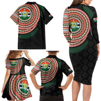 Penama Tribal Tattoo with Namele Leaves Family Matching Long Sleeve Bodycon Dress and Hawaiian Shirt