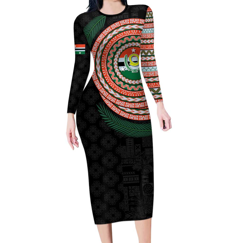 Penama Tribal Tattoo with Namele Leaves Family Matching Long Sleeve Bodycon Dress and Hawaiian Shirt