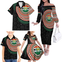 Penama Tribal Tattoo with Namele Leaves Family Matching Off The Shoulder Long Sleeve Dress and Hawaiian Shirt