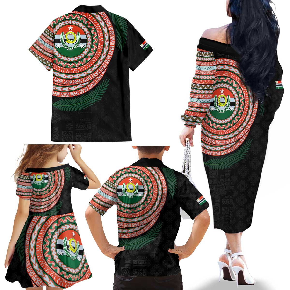 Penama Tribal Tattoo with Namele Leaves Family Matching Off The Shoulder Long Sleeve Dress and Hawaiian Shirt