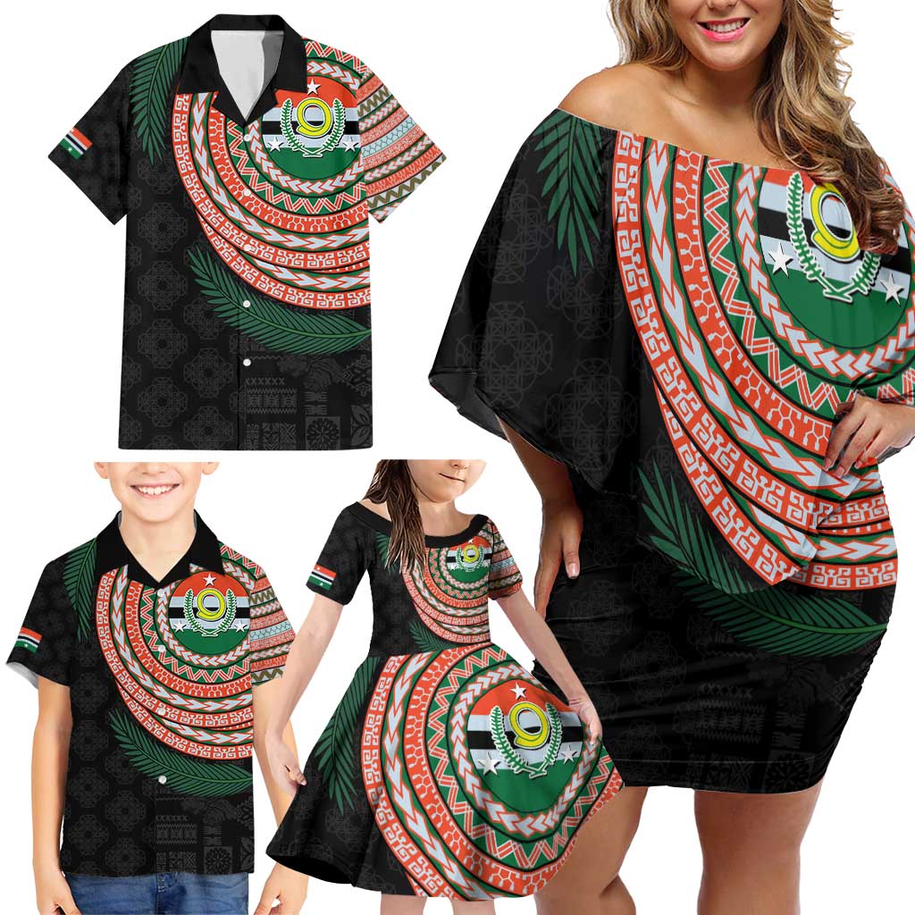 Penama Tribal Tattoo with Namele Leaves Family Matching Off Shoulder Short Dress and Hawaiian Shirt