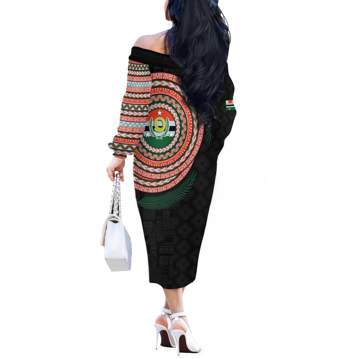 Penama Tribal Tattoo with Namele Leaves Off The Shoulder Long Sleeve Dress