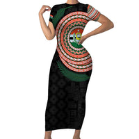 Penama Tribal Tattoo with Namele Leaves Short Sleeve Bodycon Dress
