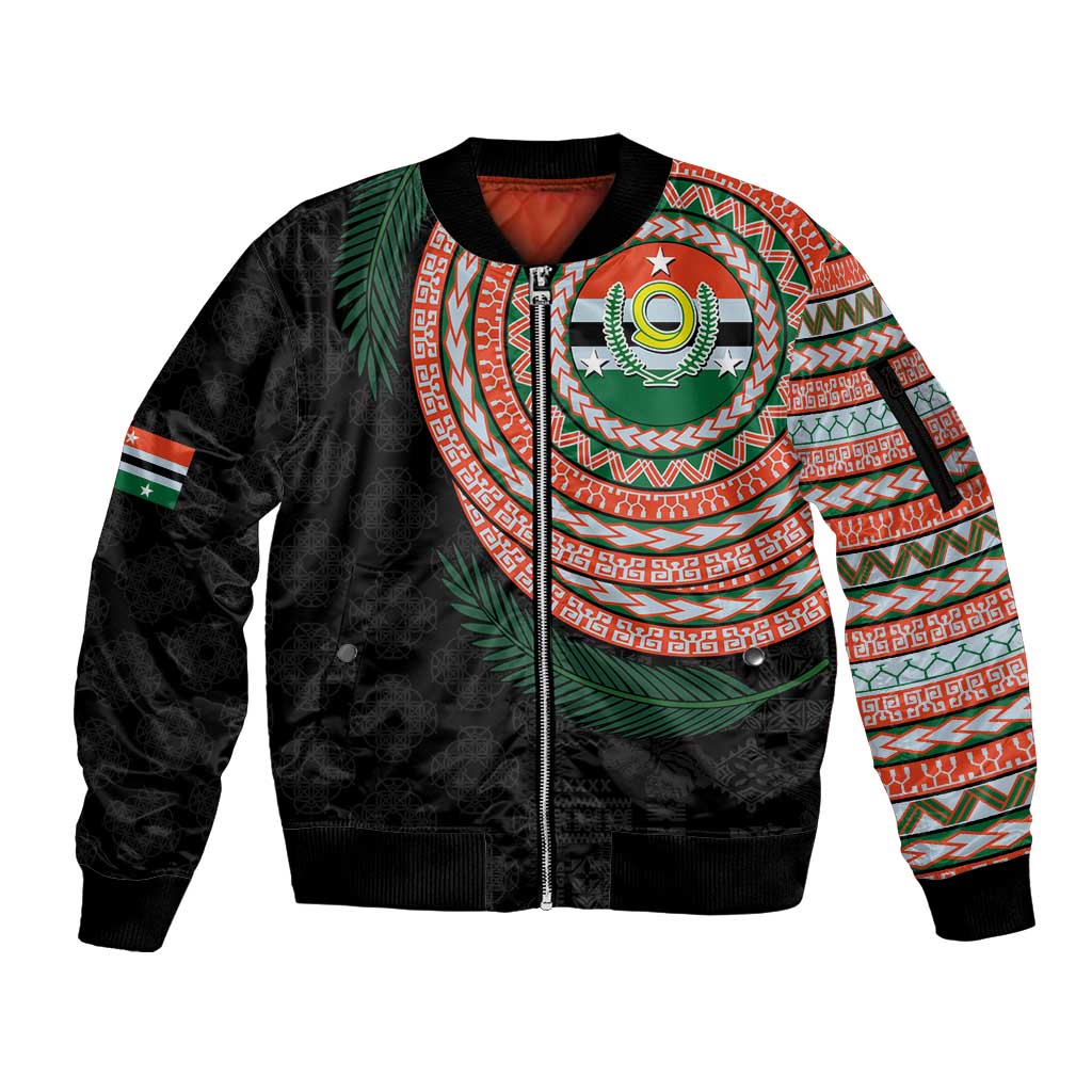 Penama Tribal Tattoo with Namele Leaves Sleeve Zip Bomber Jacket