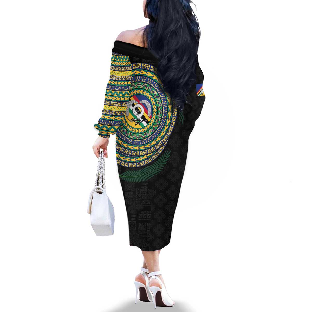 Torba Tribal Tattoo with Namele Leaves Family Matching Off The Shoulder Long Sleeve Dress and Hawaiian Shirt