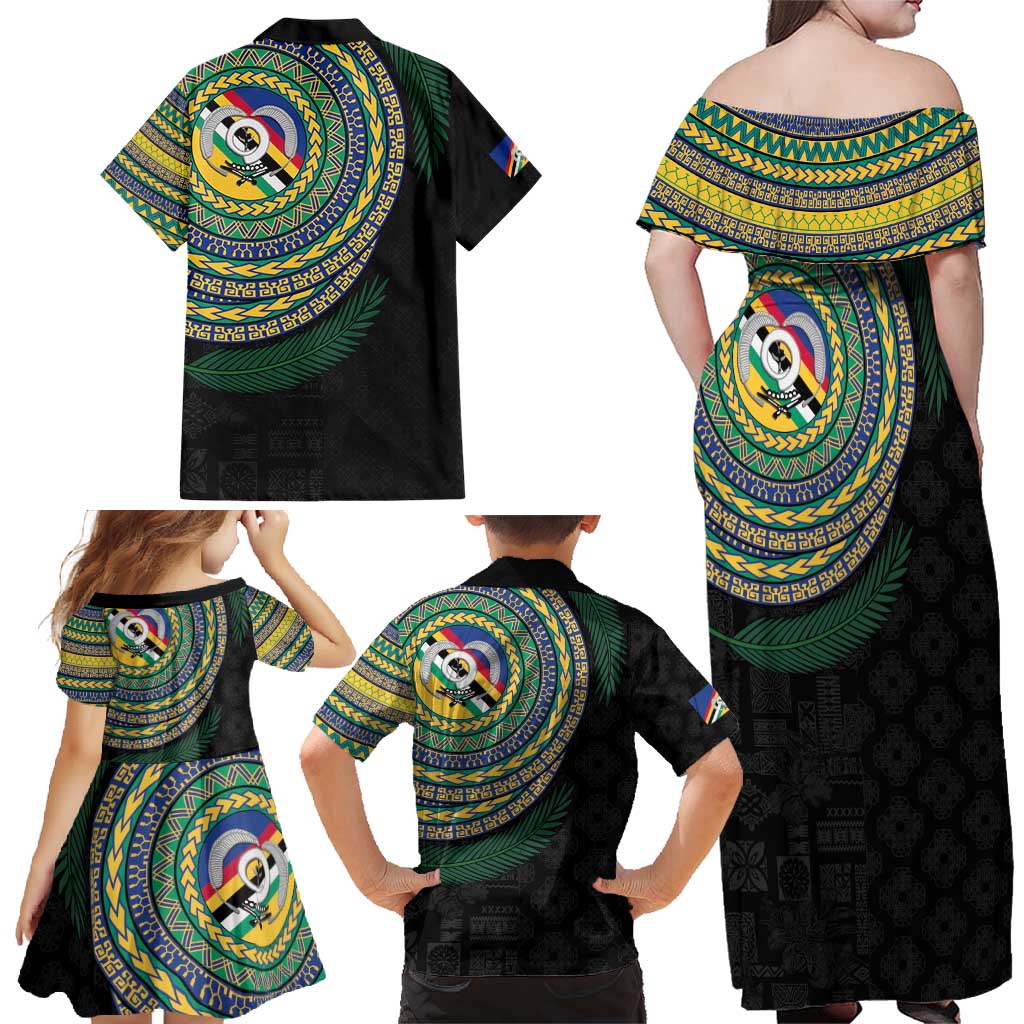 Torba Tribal Tattoo with Namele Leaves Family Matching Off Shoulder Maxi Dress and Hawaiian Shirt